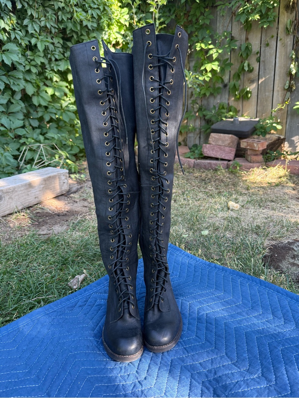 Black Over-the-Knee Lace-Up Women's Boots with Gold Eyelets